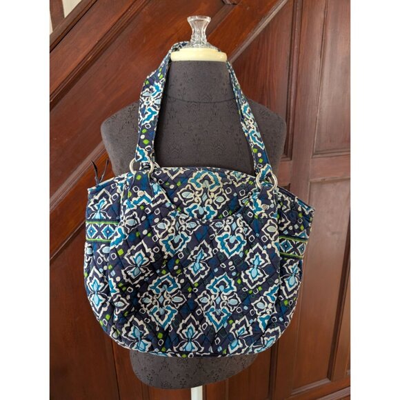 Vera Bradley Handbags - Vera Bradley Quilted Cotton Shoulder Bag Ink Blue & Green Pattern Dual Handles